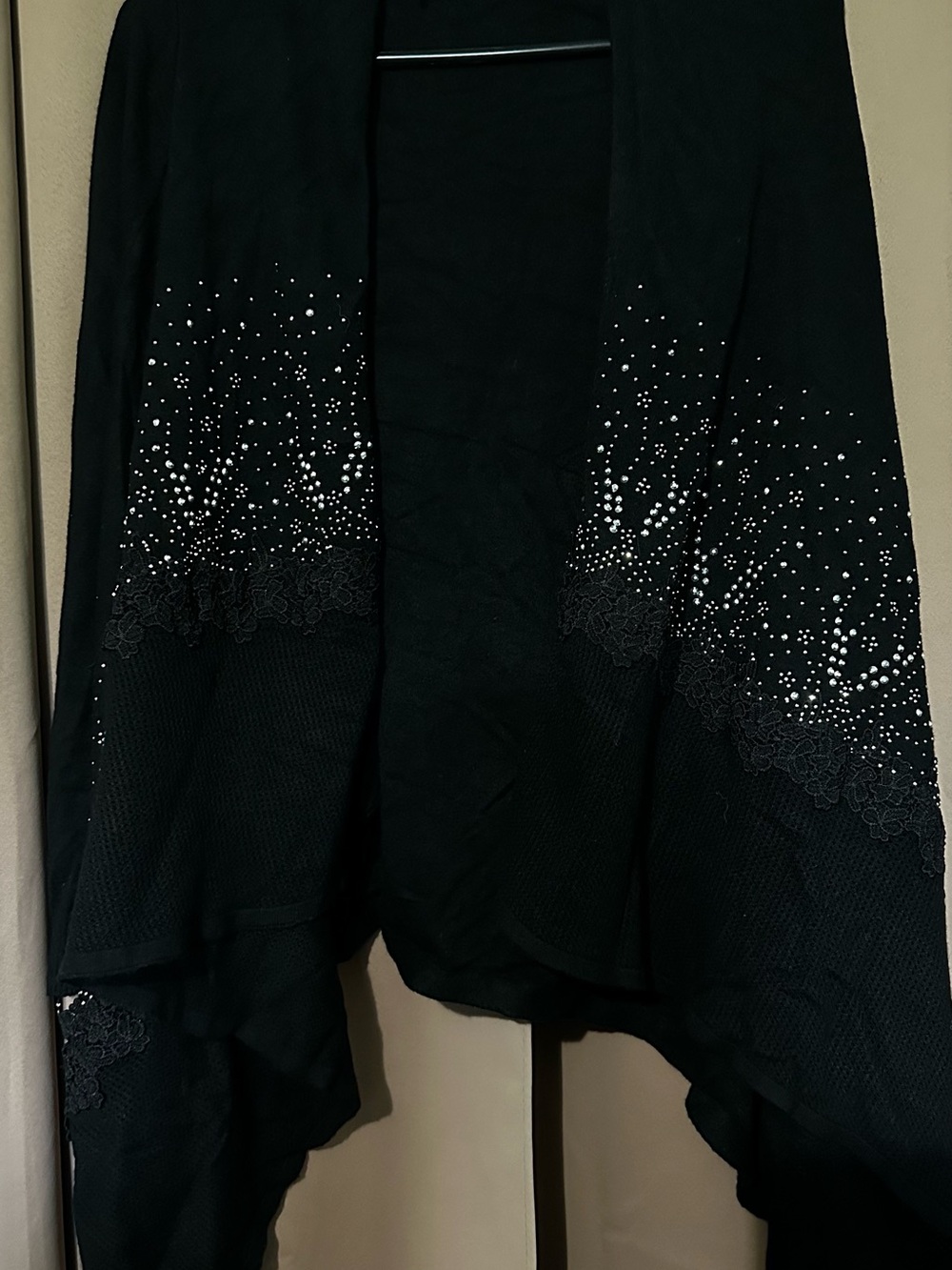 Embellished Black Open-Front Shawl Cardigan